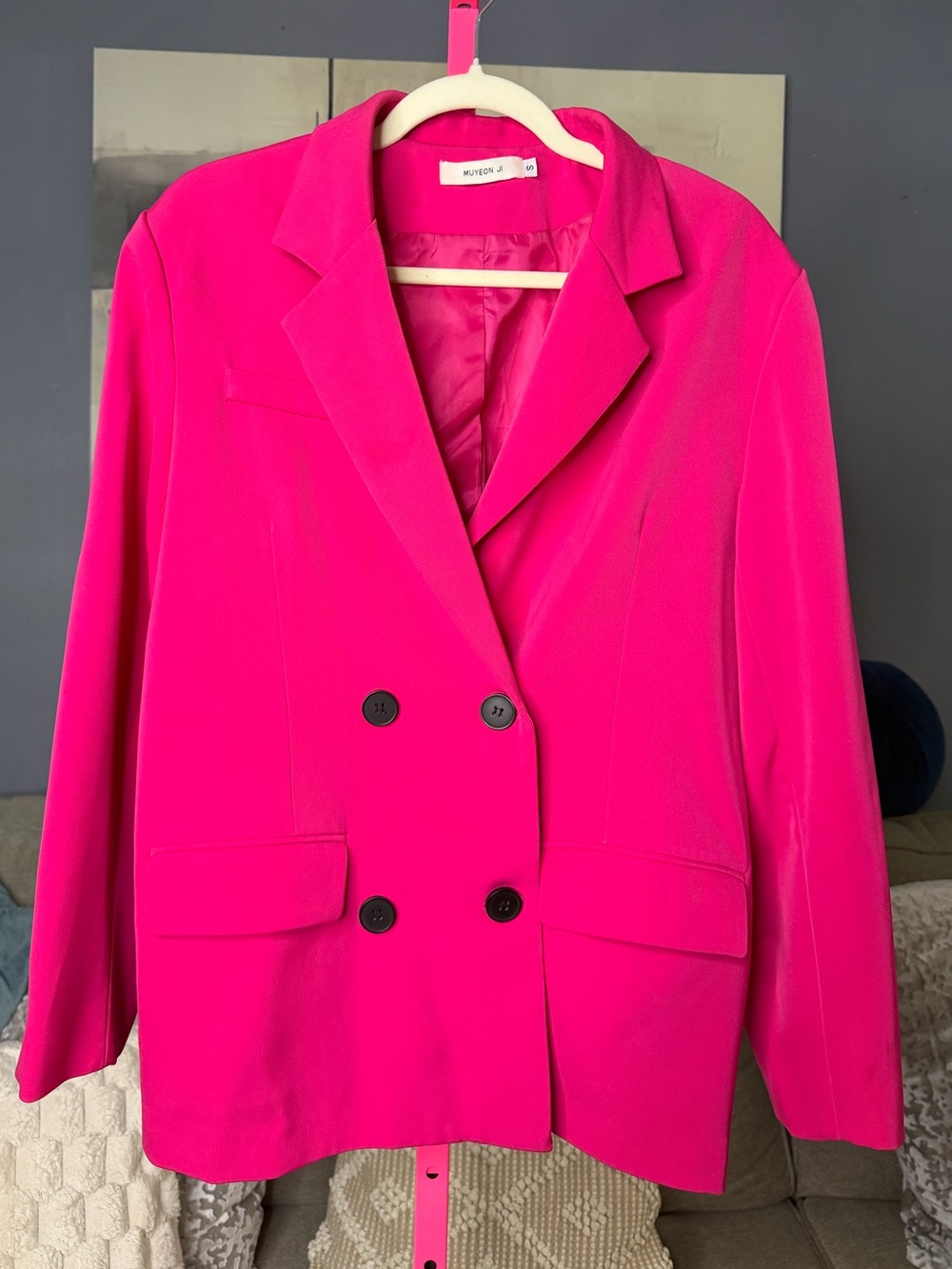 Muyeon Ji Hot Pink Double Breasted Blazer Size Small Oversized Boyfriend
